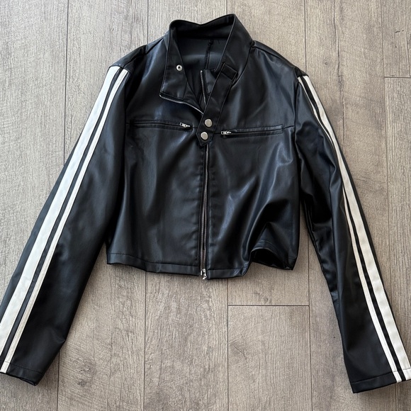 Jackets & Blazers - Black Leather Jacket with White Stripes